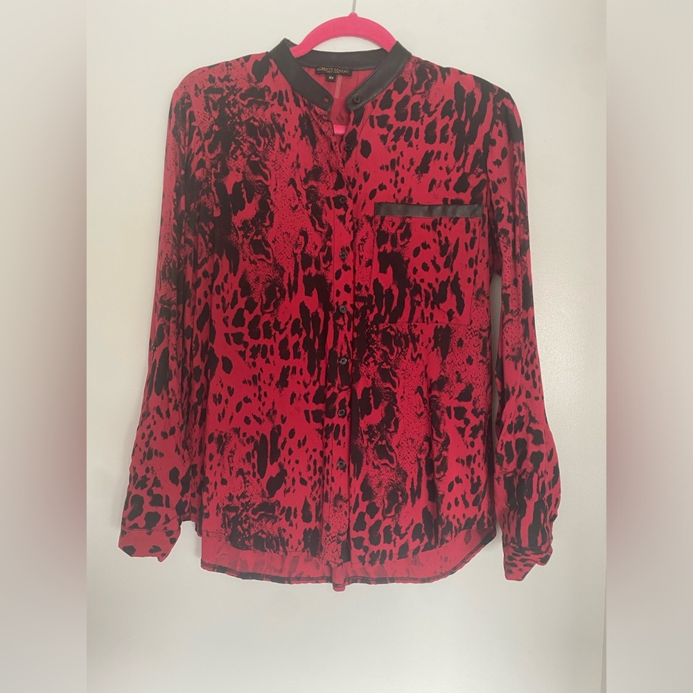 Alberto Makali Leopard Print Button Down Top XS Red/Black Vegan Leather Trim